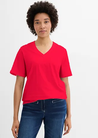 Wijd longshirt met V-hals, korte mouw  (set van 5) • wit/donkerblauw gestreept+lavarood+lichtblauw • bonprix online shop