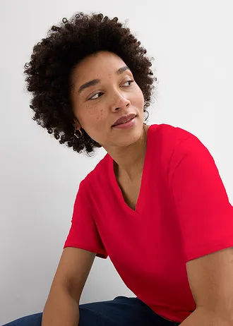 Bő hosszú póló V-nyakkivágással (5 db-os csomag) • fehér/sötétkék csíkos+lávapiros+világoskék • bonprix áruház