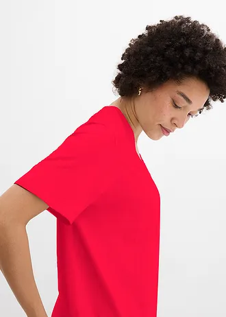 Wijd longshirt met V-hals, korte mouw  (set van 5) • wit/donkerblauw gestreept+lavarood+lichtblauw • bonprix online shop