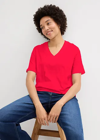 Wijd longshirt met V-hals, korte mouw  (set van 5) • wit/donkerblauw gestreept+lavarood+lichtblauw • bonprix online shop