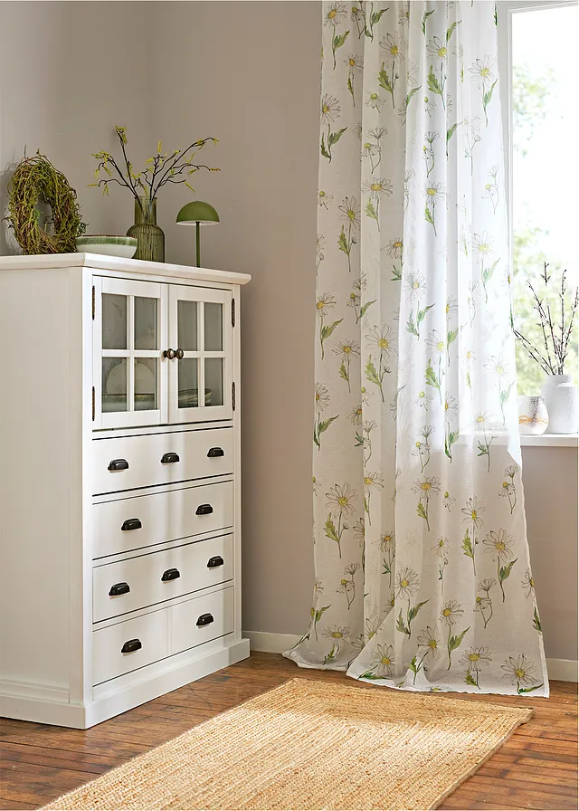 Gordijn met bloemenprint (1 stuk), Kleur: wit-groen