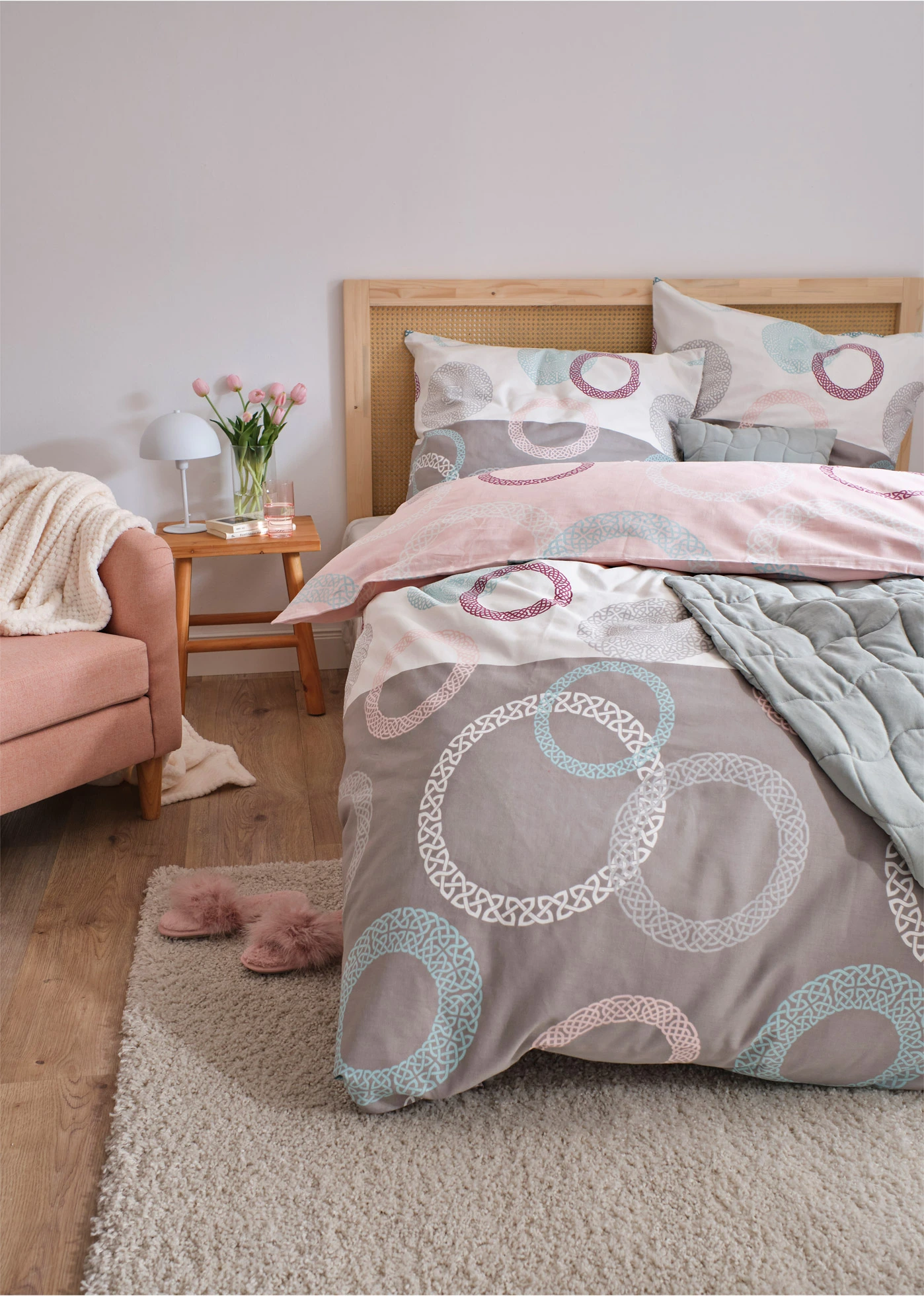 Parure de lit en linon • blanc-rose-gris • Boutique bonprix