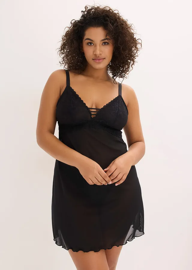 Slipdress zonder beugels, met kant met hartjes, Kleur: zwart