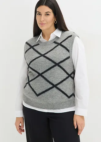 Pull sans manches à motif en maille poilue, Couleur: gris chiné-noir graphique