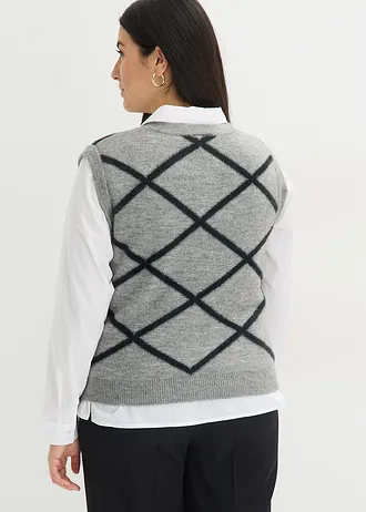 Pull sans manches à motif en maille poilue, Couleur: gris chiné-noir graphique