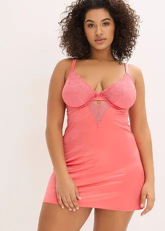 Babydoll van glanzend materiaal en gebloemd borduursel, Kleur: koraalpink