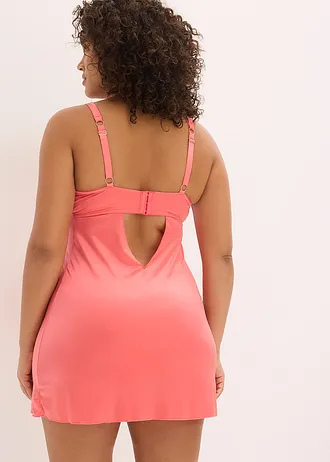 Babydoll van glanzend materiaal en gebloemd borduursel, Kleur: koraalpink