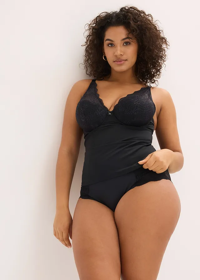 Top soutien-gorge sculptant à coques et dentelle, maintien modéré, Couleur: noir