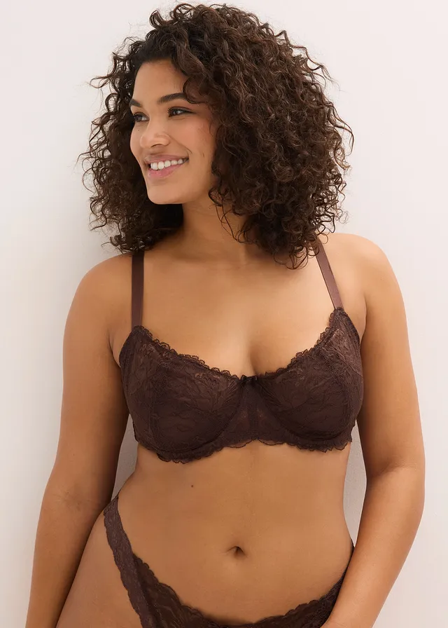 Beugel bh met een kleine padding en sierlijk kant, Kleur: donkerbruin