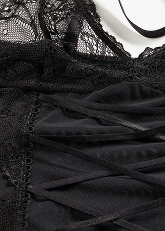 Top z paskami do pończoch i stringi ouvert (komplet 2-cz,) • czarny • sklep bonprix