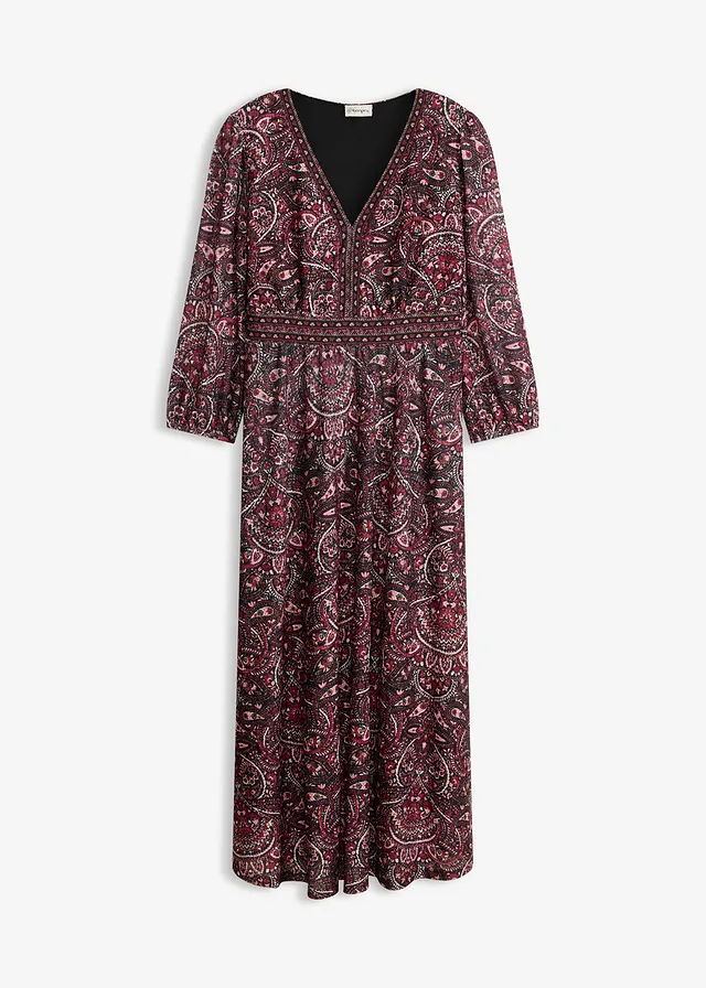 Robe en jersey avec col V • noir-prune paisley • Boutique bonprix
