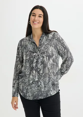 Chiffon blouse met volants, Kleur: zwart-parelwit slangenprint