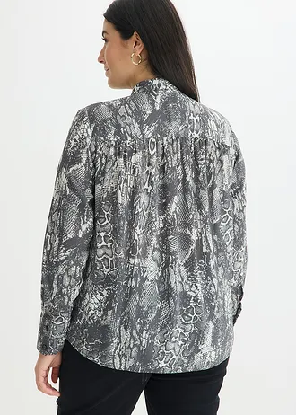 Chiffon blouse met volants, Kleur: zwart-parelwit slangenprint