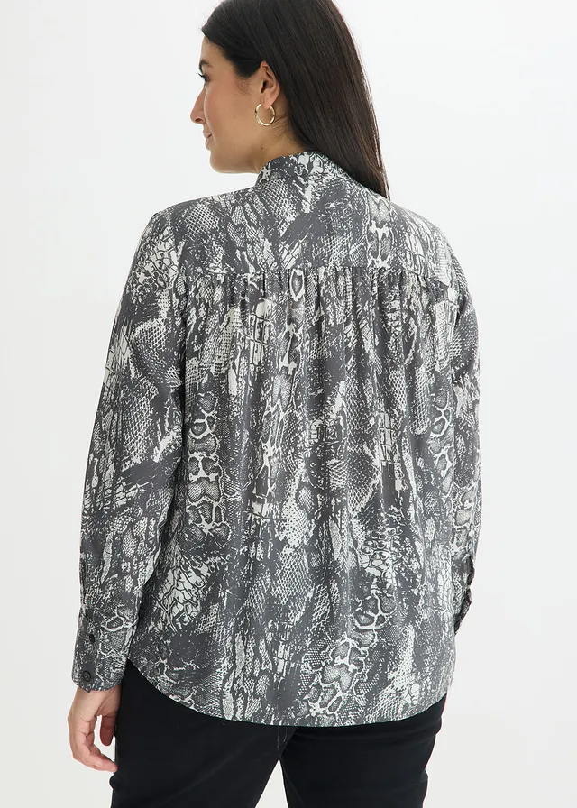Chiffon blouse met volants, Kleur: zwart-parelwit slangenprint
