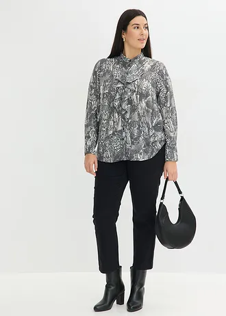 Chiffon blouse met volants, Kleur: zwart-parelwit slangenprint