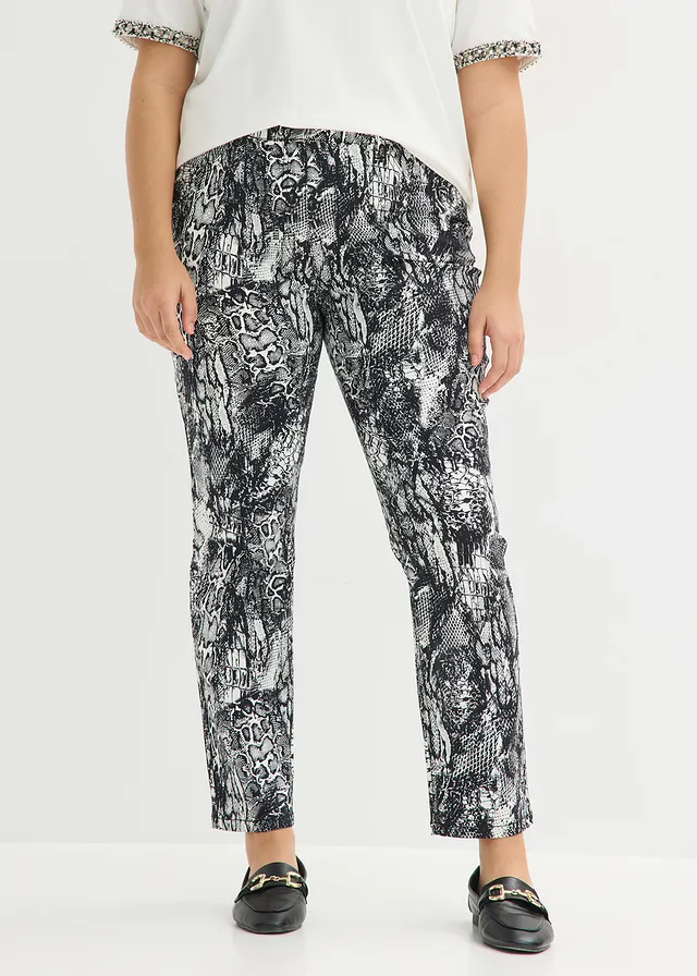 Stretch broek, Kleur: zwart-parelwit slangenprint