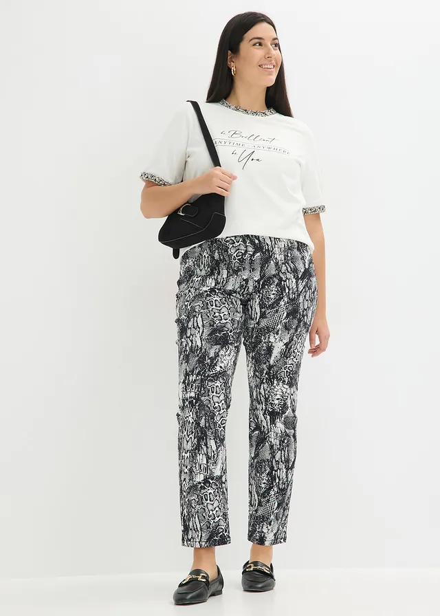 Stretch broek, Kleur: zwart-parelwit slangenprint