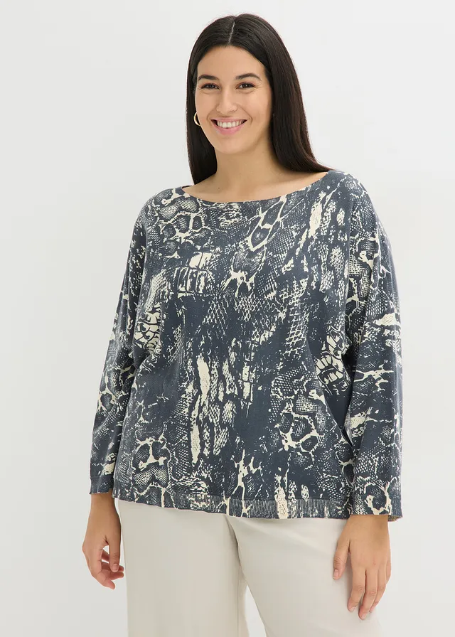 Trui met vleermuismouwen met slangenprint, Kleur: leisteengrijs-parelwit slangenprint