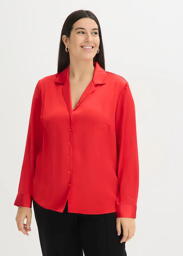 Blouse van prachtig satijn, Kleur: aardbeirood