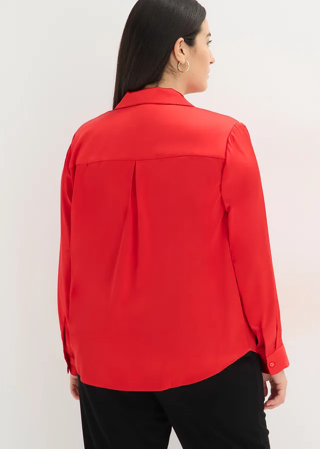 Blouse van prachtig satijn, Kleur: aardbeirood