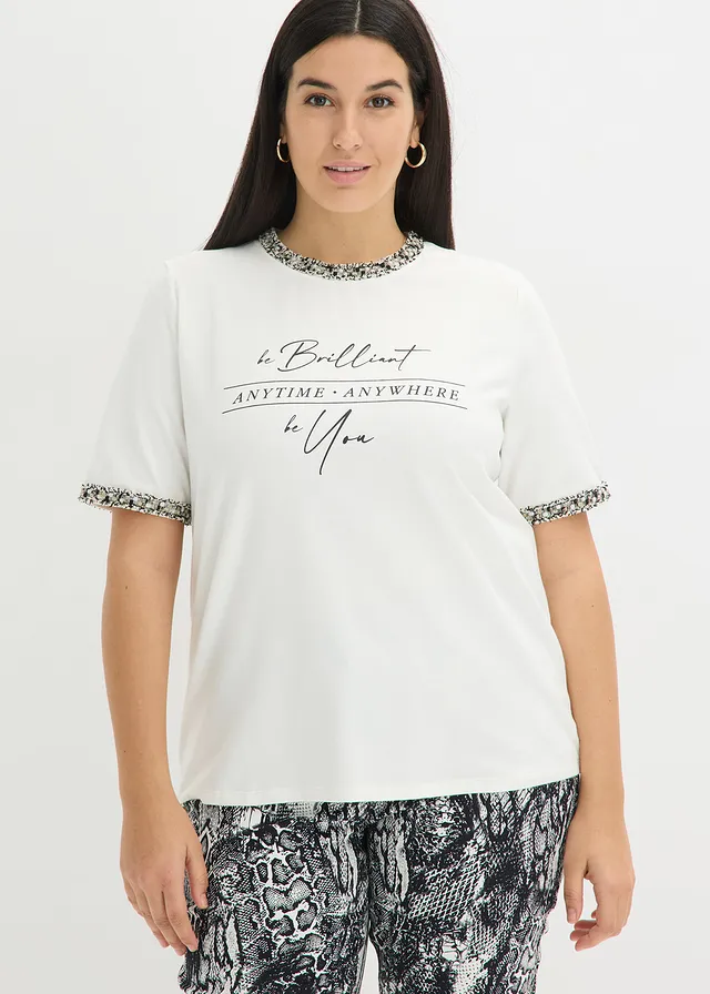 T-shirt en coton avec liseré perlé, Couleur: écru imprimé