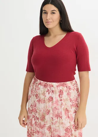 Geribde trui met korte mouw, Kleur: kersenrood