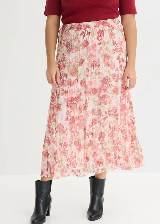 Chiffon rok met crinkle-effect, Kleur: lichtroze gebloemd