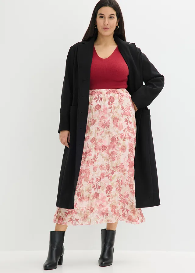 Chiffon rok met crinkle-effect, Kleur: lichtroze gebloemd