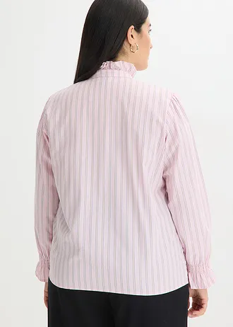 Popeline blouse met rucheskraag, Kleur: kristalroze-lichtgeel-arctisch blauw gestreept