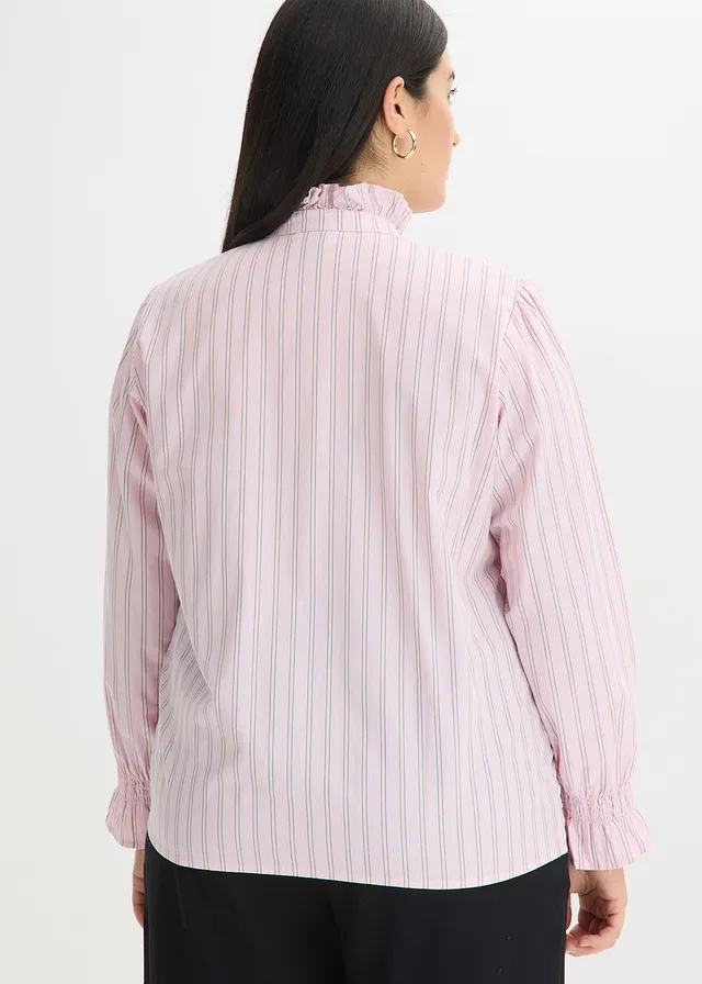 Blouse en popeline à col volanté, Couleur: rose cristal-jaune clair-bleu arctique rayé
