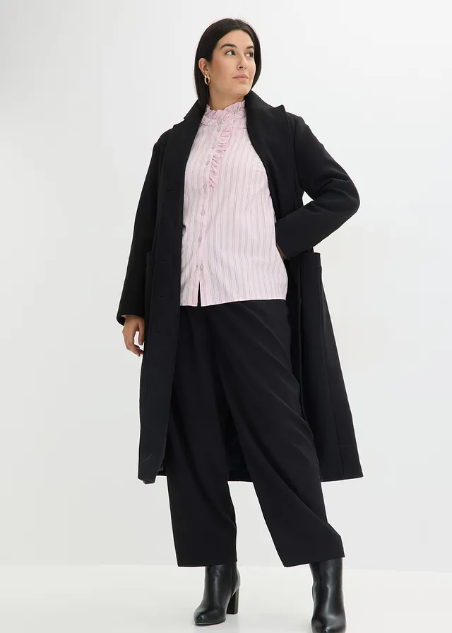 Blouse en popeline à col volanté, Couleur: rose cristal-jaune clair-bleu arctique rayé