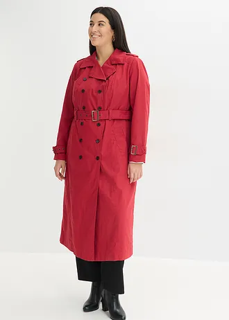 Lange trenchcoat met een ceintuur, Kleur: kersenrood