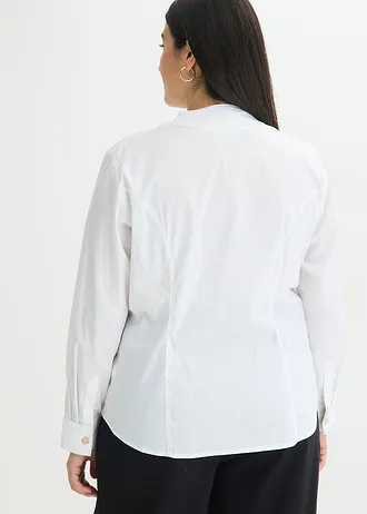 Popeline blouse met opstaande kraag, Kleur: wit