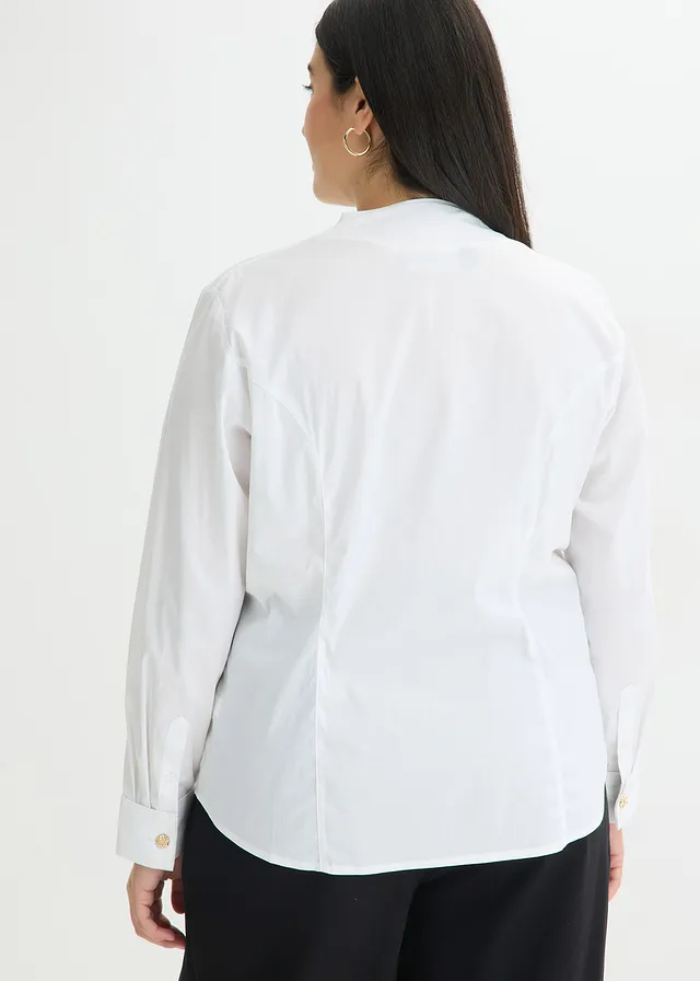 Popeline stretch blouse met kelkvormige kraag en licht transparant, Kleur: wit