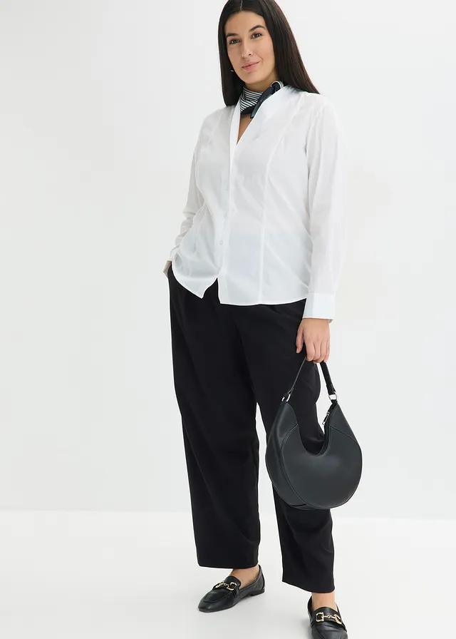 Popeline stretch blouse met kelkvormige kraag en licht transparant, Kleur: wit