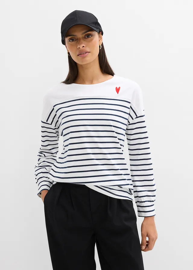 T-shirt manches longues 100% coton • blanc/bleu foncé rayé • product-page.page-title-suffix