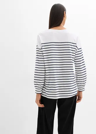 T-shirt manches longues 100% coton • blanc-bleu foncé rayé • Boutique bonprix