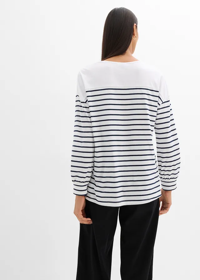 T-shirt manches longues 100% coton • blanc/bleu foncé rayé • product-page.page-title-suffix
