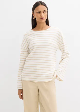 T-shirt manches longues rayé en coton • sable clair-écru rayé • Boutique bonprix