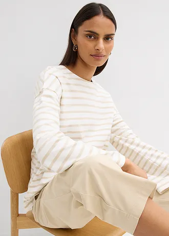 T-shirt manches longues rayé en coton • sable clair-écru rayé • Boutique bonprix