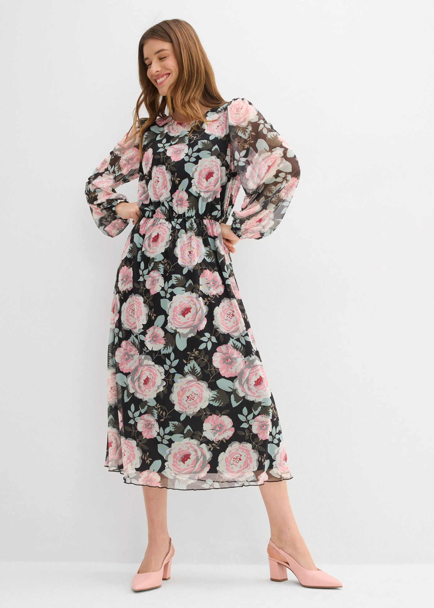 Robe midi en mesh doux • noir floral • Boutique bonprix