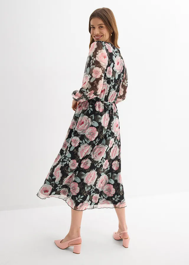 Rochie midi din mesh moale • negru înflorat • magazin bonprix