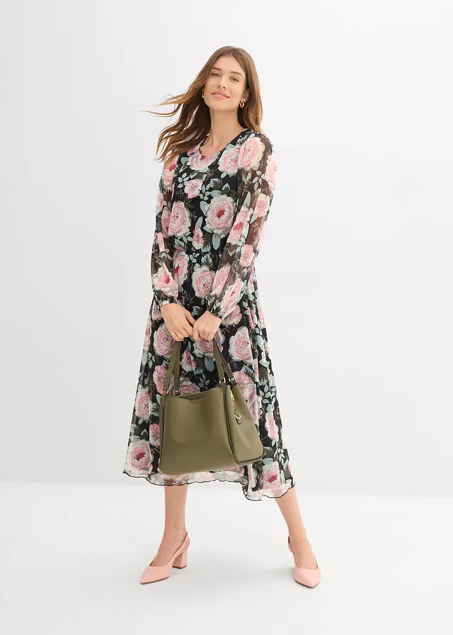 Rochie midi din mesh moale • negru înflorat • magazin bonprix