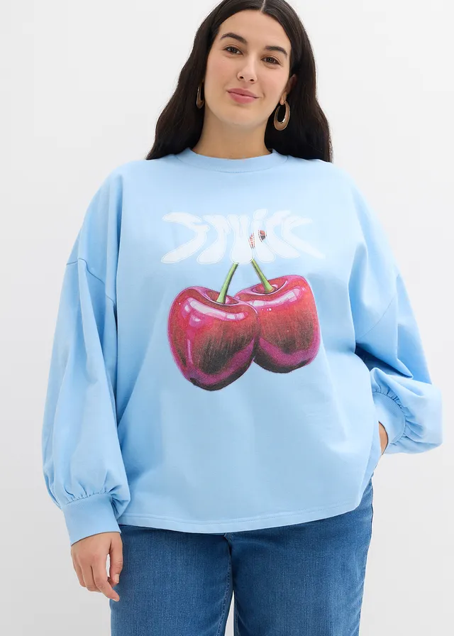 Sweat oversize 100% coton, Couleur: bleu clair/blanc imprimé