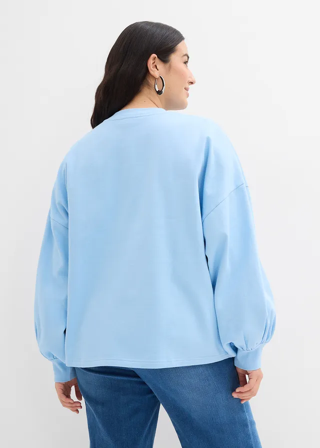 Oversized sweater van biologisch katoen, Kleur: lichtblauw-wit met print