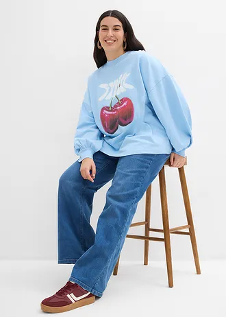 Oversized sweater van biologisch katoen, Kleur: lichtblauw-wit met print