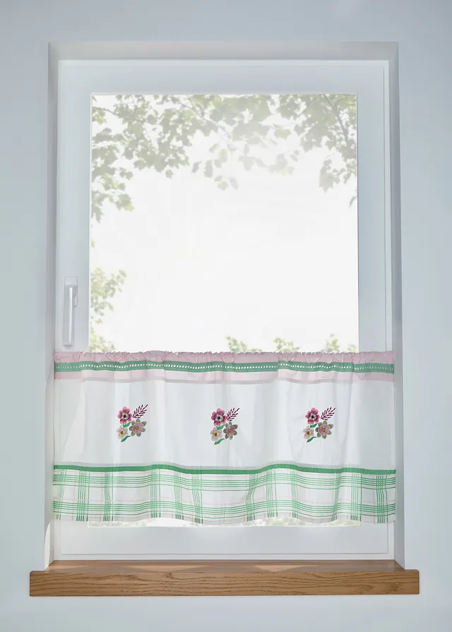 Perdea scurtă cu broderie, din bumbac organic