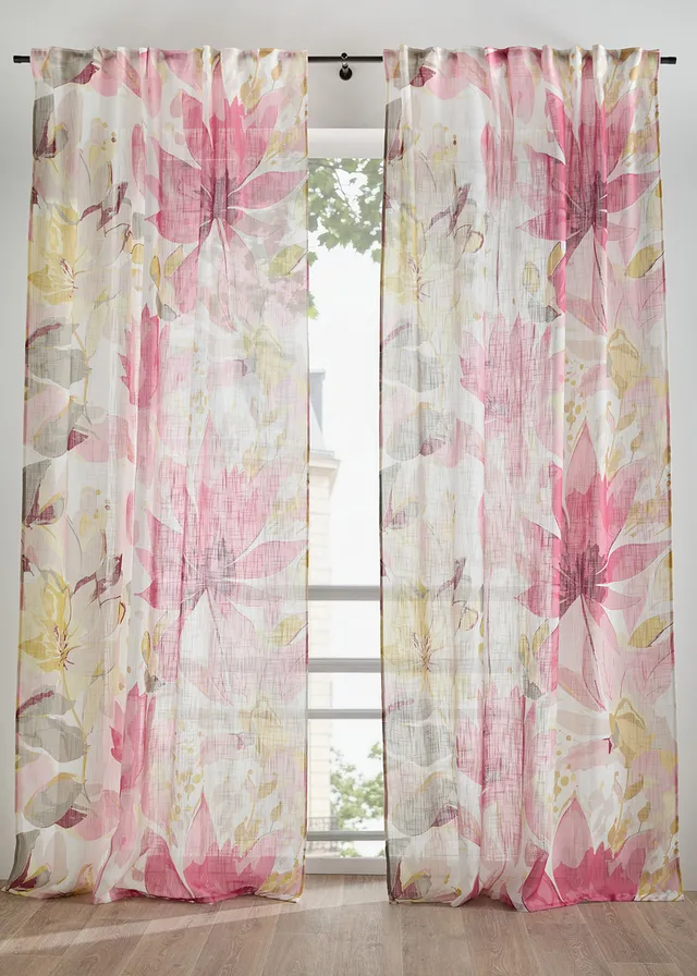 Gordijn met bloemenprint (1 stuk), Kleur: lichtroze/wit/vanille
