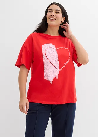 Oversized shirt van een elastische katoenmix, Kleur: aardbeirood-kristalroze met print