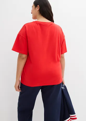 Oversized shirt van een elastische katoenmix, Kleur: aardbeirood-kristalroze met print